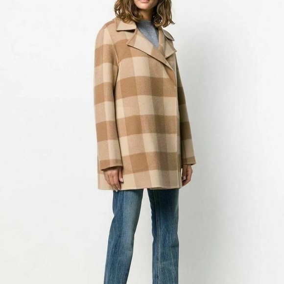 Theory Overlay Check DF Double Face Wool Coat Camel - Picture 1 of 5